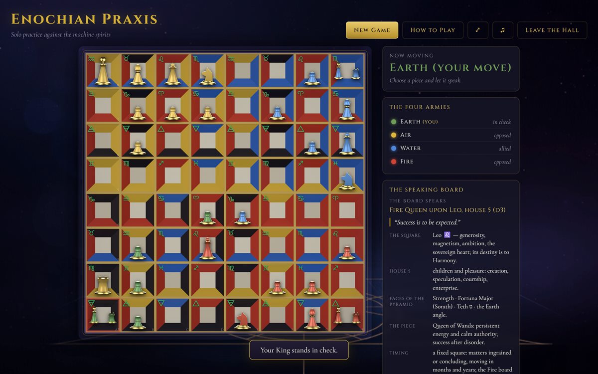 A game of Enochian Praxis in progress: a four coloured board of gold, green, blue and red pieces, with side panels showing whose move it is, the four armies and their alliances, and the Speaking Board reading the last move as an oracle.