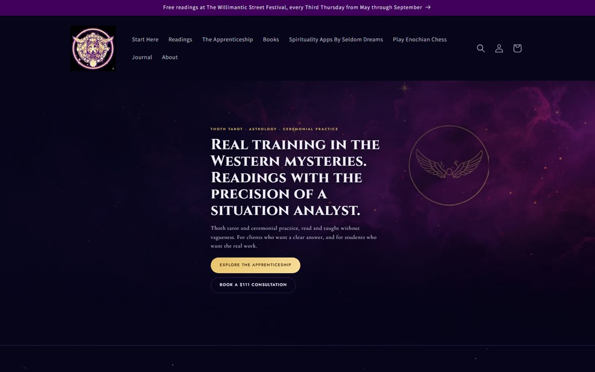 The Seldom Dreams homepage: a dark violet hero with a headline about real training in the Western mysteries and two call to action buttons.